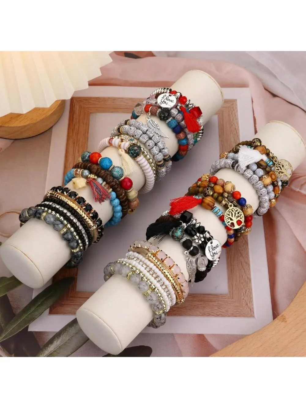 Bohemian Stackable Bead Bracelets Set for Women - Stretch Multilayered Jewelry